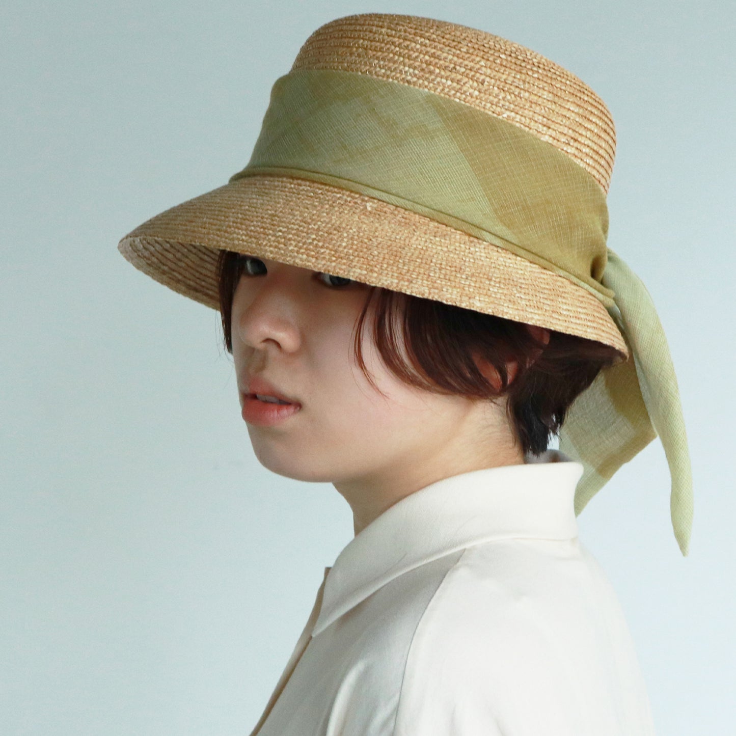 ストールリボンの麦わら帽子　Crochet straw hat _ 3 colors